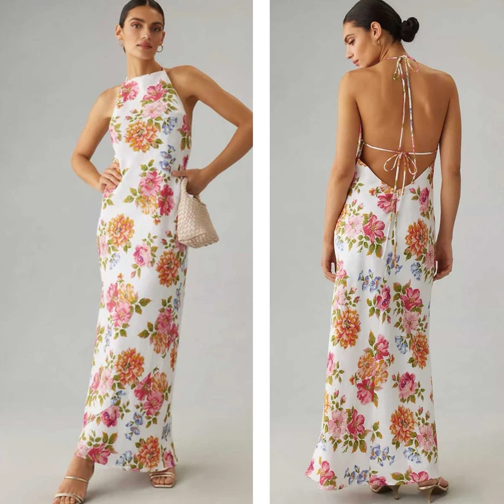 Reformation White Floral Halter Maxi Dress with Pink & Orange Blooms
